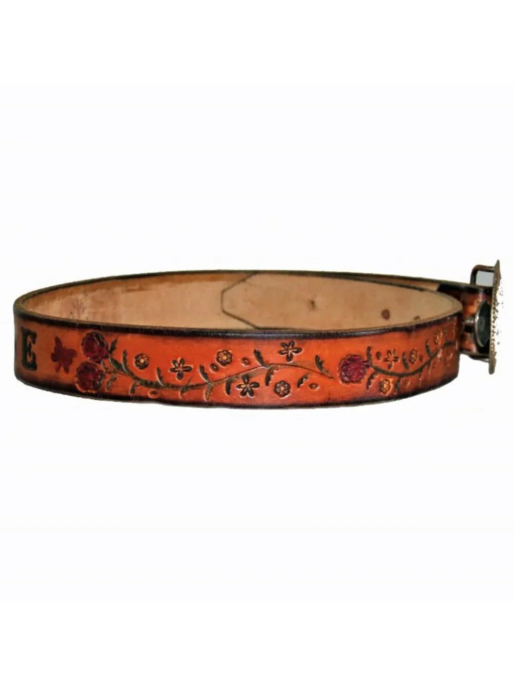 Leather Belt with Roses Butterflies Silver & Gold Buckle 